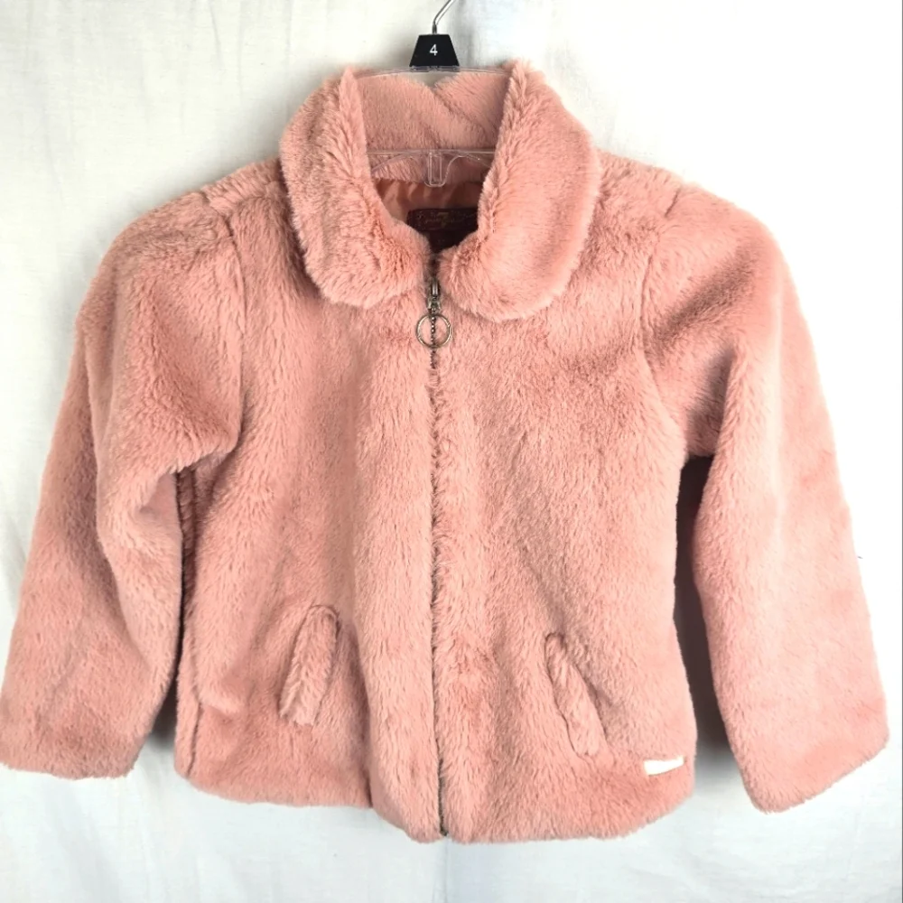 7 For All Mankind Cozy Girls Pink Faux Fur Full Zip Jacket Sz 4T